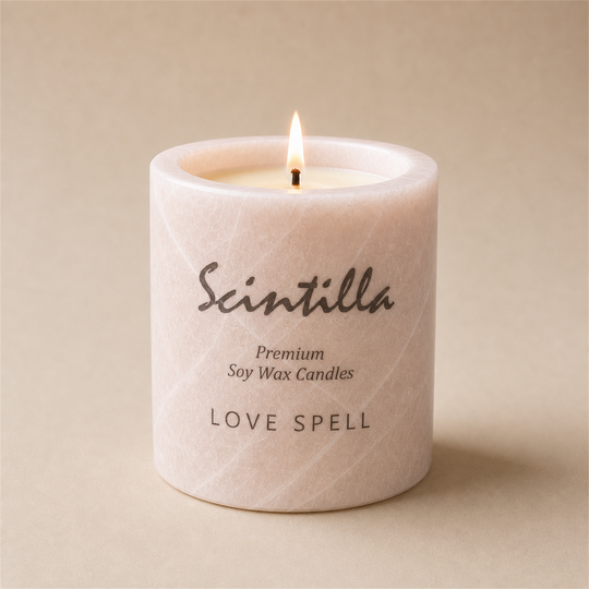 Scintilla Love Spell scented candle in a hand-carved pink onyx jar