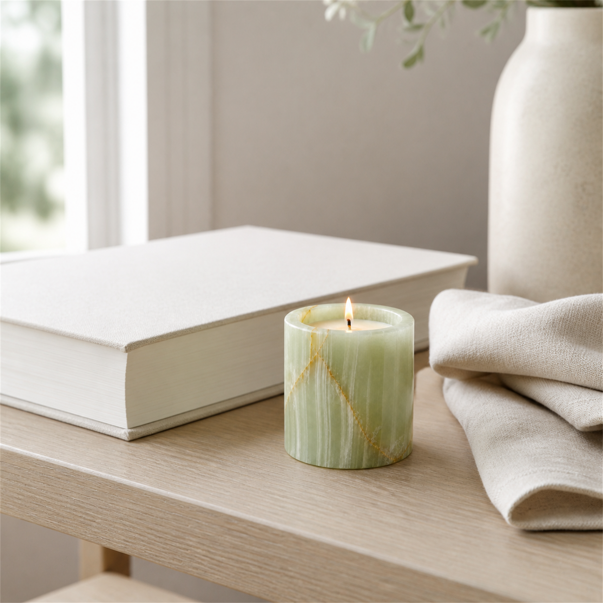 Scintilla Lavender onyx candle styled in a bright room