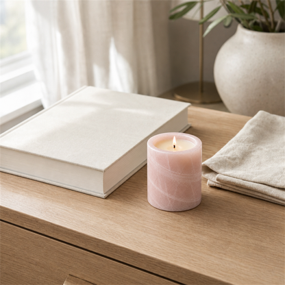 Scintilla Blackberry onyx candle styled in a bright room