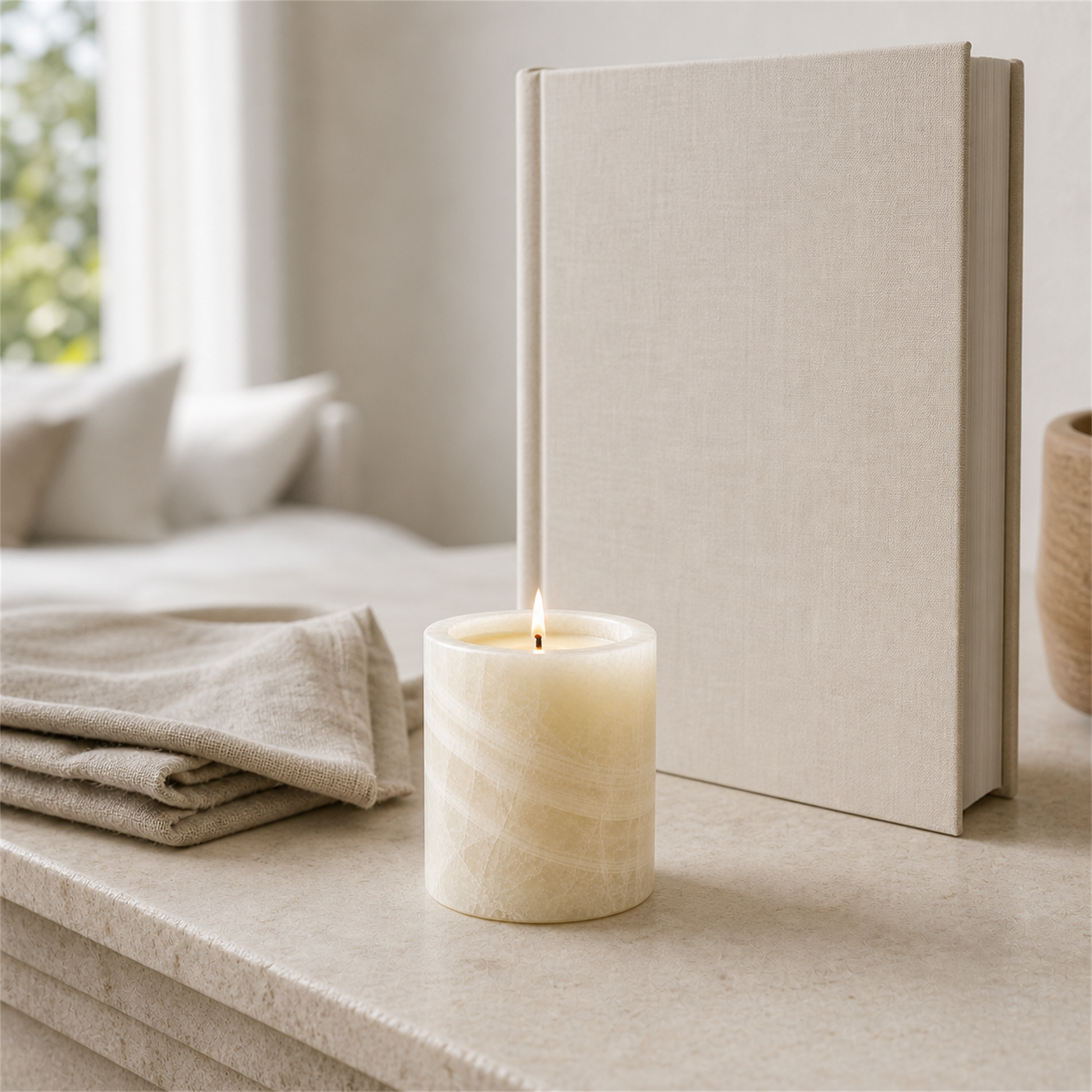 Scintilla Bakhoor onyx candle styled in a bright room