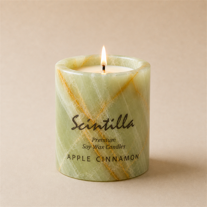 Scintilla Apple Cinnamon scented candle in a hand-carved green onyx jar