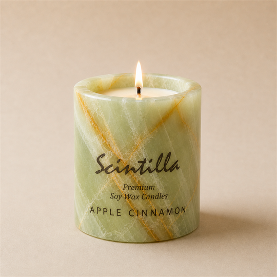 Scintilla Apple Cinnamon scented candle in a hand-carved green onyx jar
