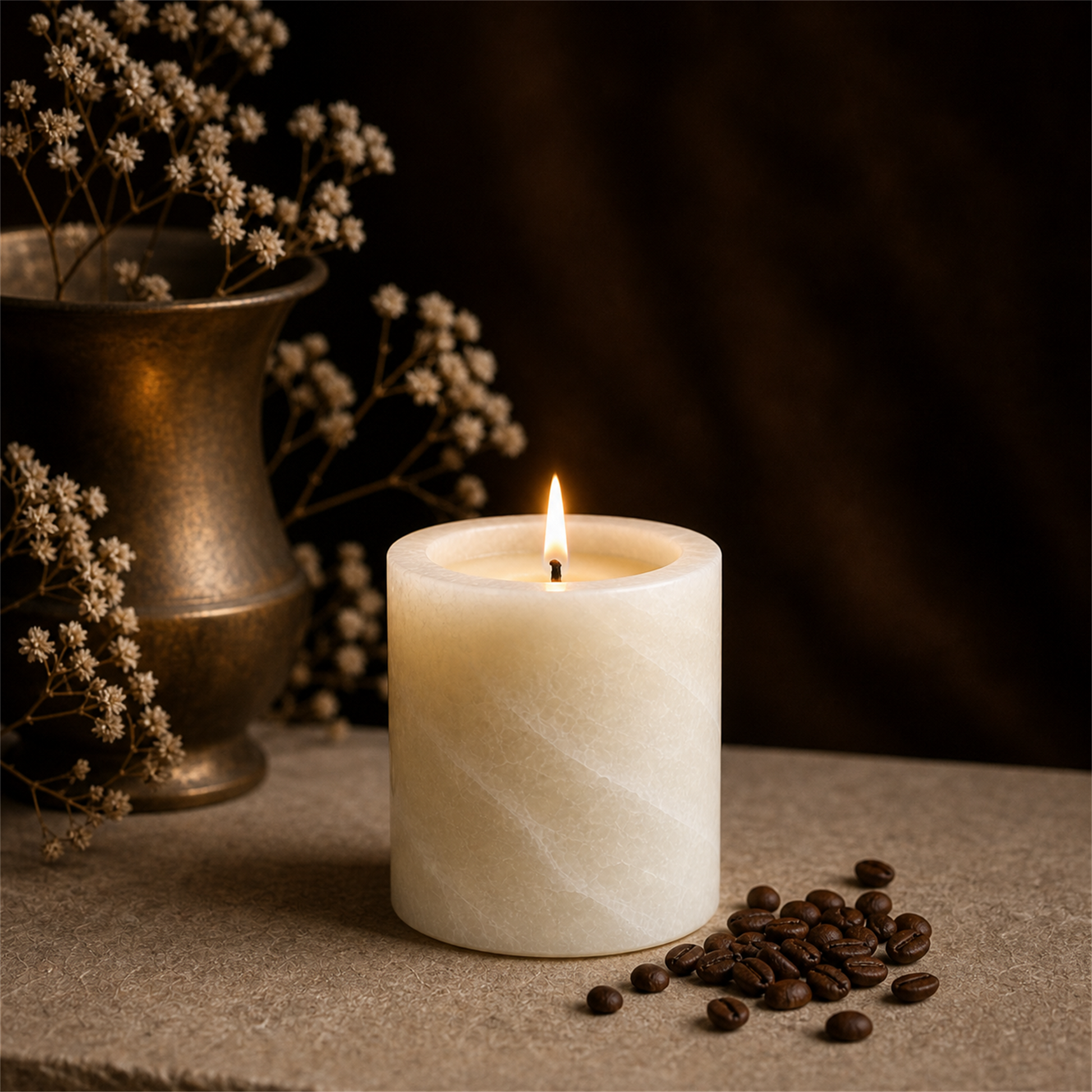 Black Coffee soy candle lit in a warm styled setting