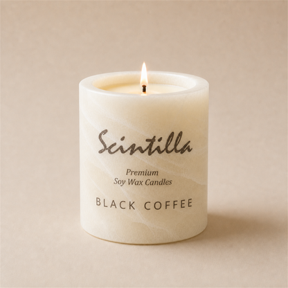 Scintilla Black Coffee scented candle in a hand-carved white onyx jar