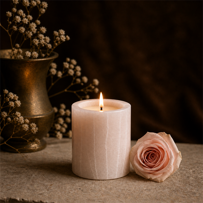 Fresh Rose soy candle lit in a warm styled setting