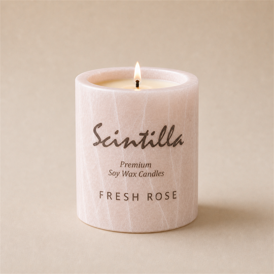 Scintilla Fresh Rose scented candle in a hand-carved pink onyx jar