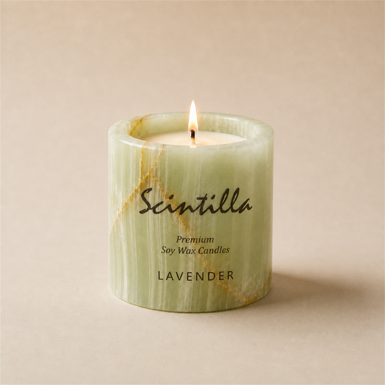 Scintilla Lavender scented candle in a hand-carved green onyx jar