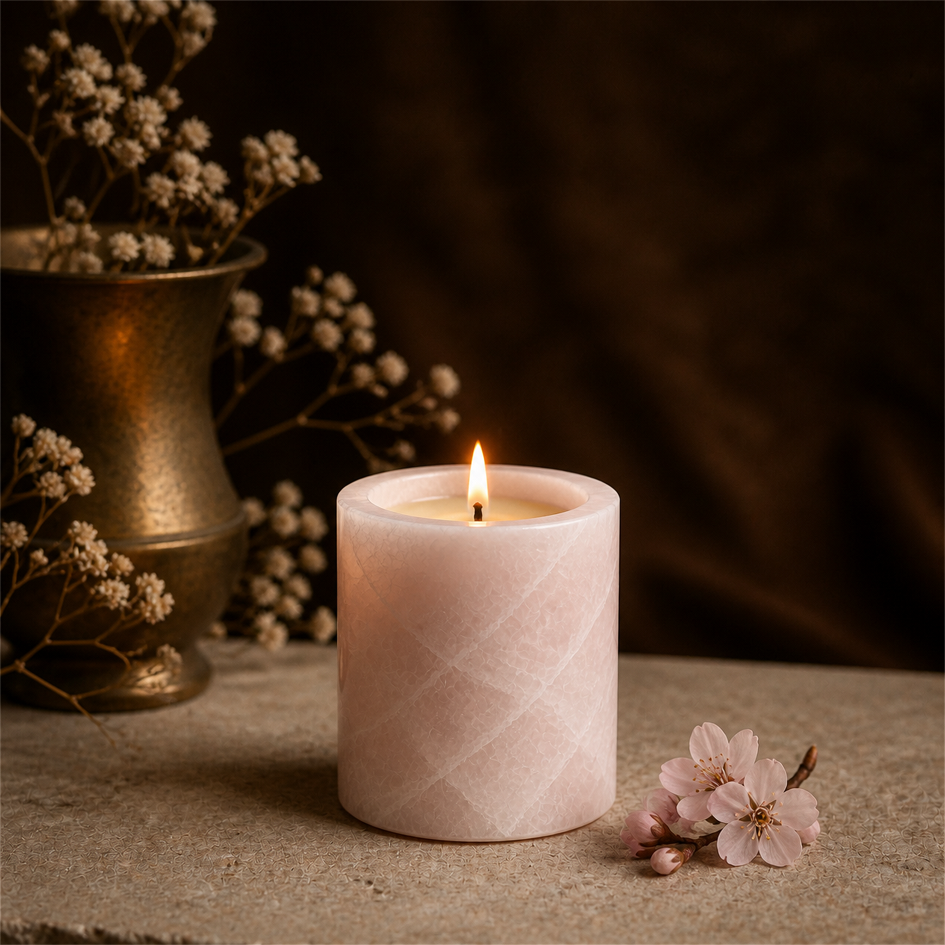 Love Spell soy candle lit in a warm styled setting