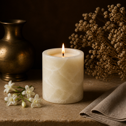 Motia soy candle lit in a warm styled setting
