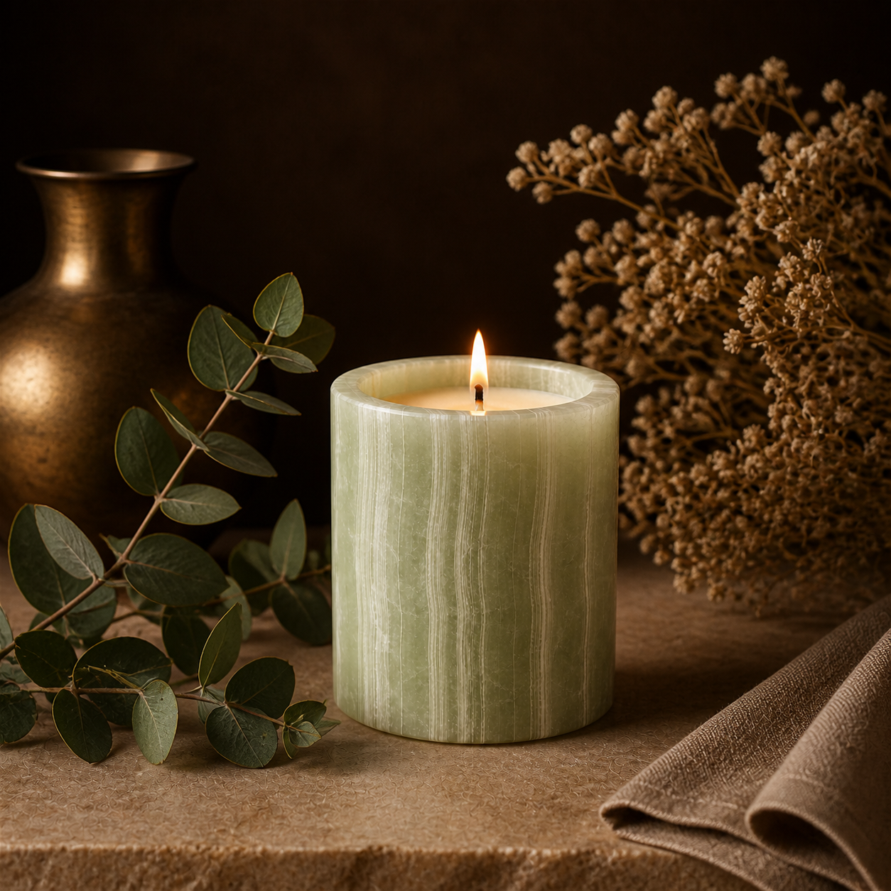 White Musk soy candle lit in a warm styled setting