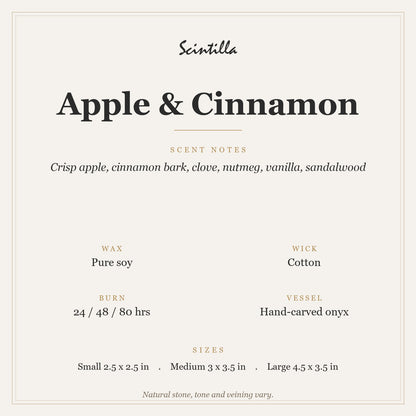 Scintilla Apple & Cinnamon candle specifications: pure soy wax, cotton wick, hand-carved onyx jar, 24 to 80 hour burn by size.