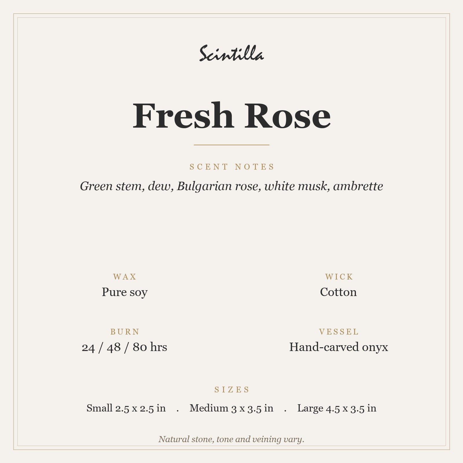 Scintilla Fresh Rose candle specifications: pure soy wax, cotton wick, hand-carved onyx jar, 24 to 80 hour burn by size.
