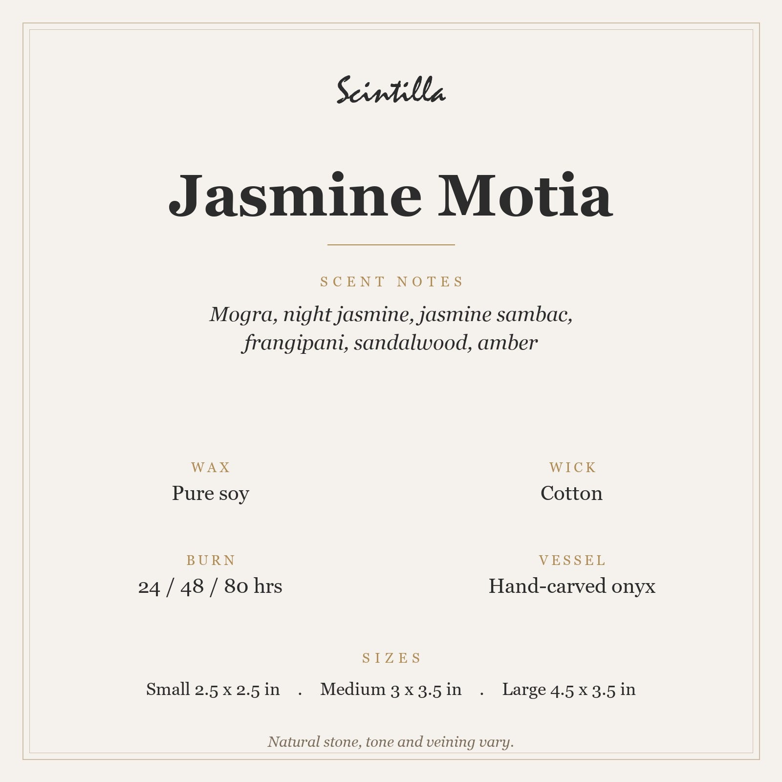 Scintilla Jasmine Motia candle specifications: pure soy wax, cotton wick, hand-carved onyx jar, 24 to 80 hour burn by size.