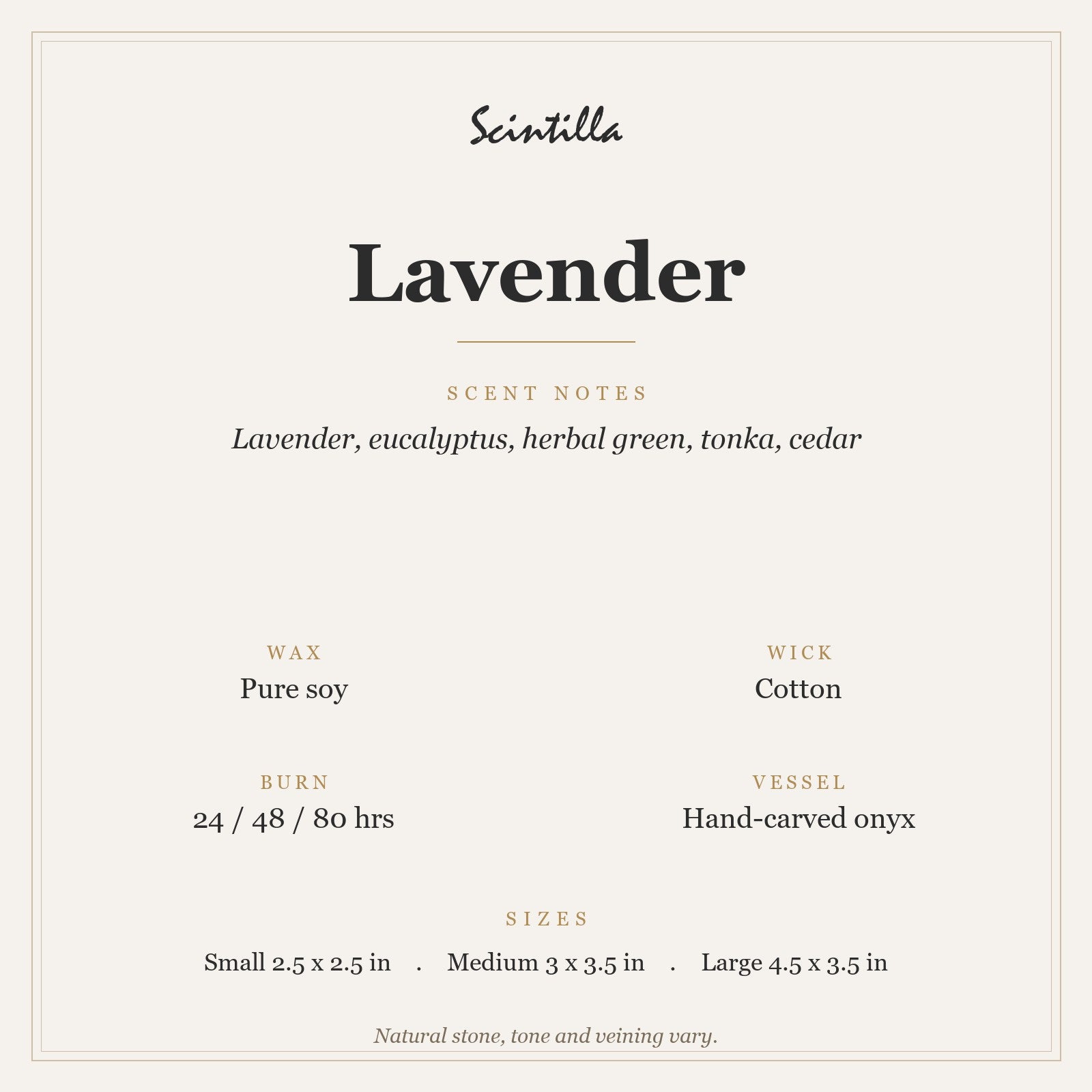 Scintilla Lavender candle specifications: pure soy wax, cotton wick, hand-carved onyx jar, 24 to 80 hour burn by size.
