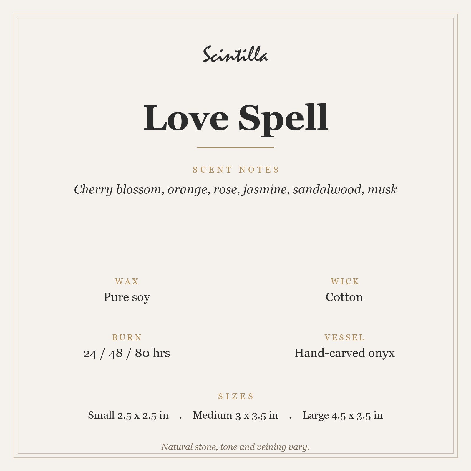 Scintilla Love Spell candle specifications: pure soy wax, cotton wick, hand-carved onyx jar, 24 to 80 hour burn by size.