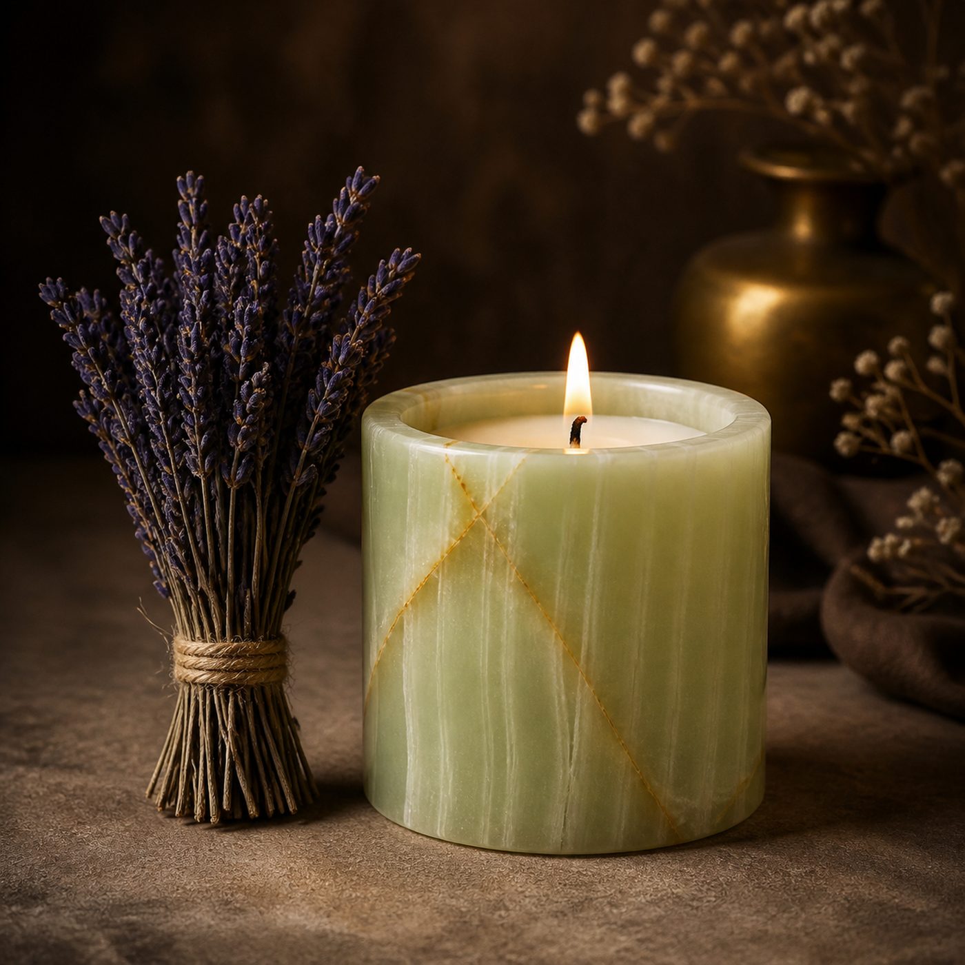 A lit candle marks the shift into evening.